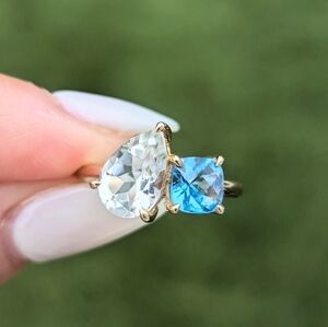 14k yellow gold two stone pear and cushion topaz ring